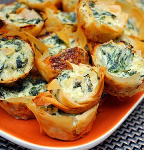 Spanakopita Bites are mini phyllo pastry shells filled with a delicious spinach and feta cheese filling.