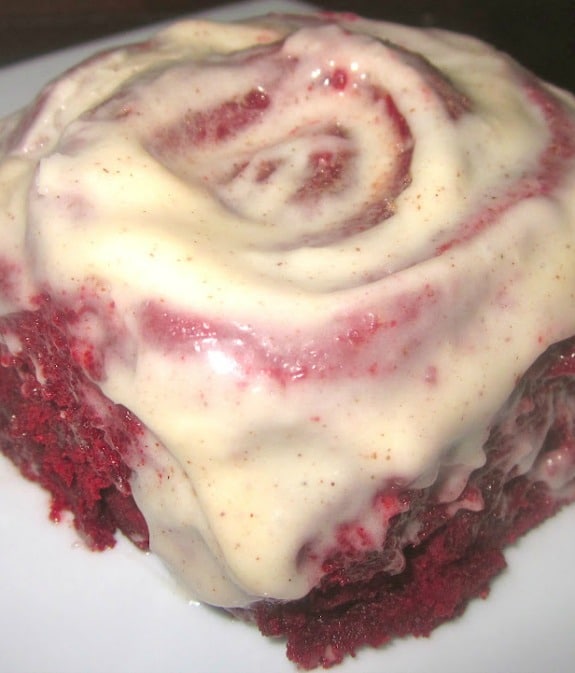 Recipe for Red Hot Velvet Cinnamon Rolls with Cinnamon-Cream Cheese Frosting