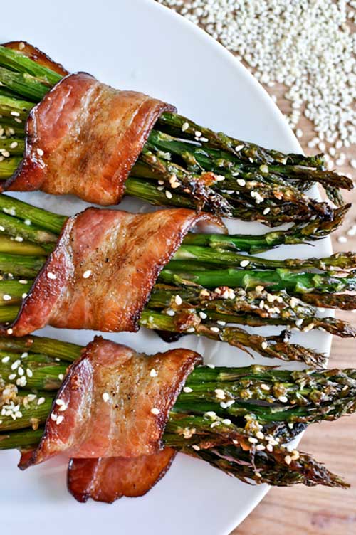 Recipe for Bacon Wrapped Caramelized Sesame Asparagus - I hate to say it, but these little green stems are growing on me.