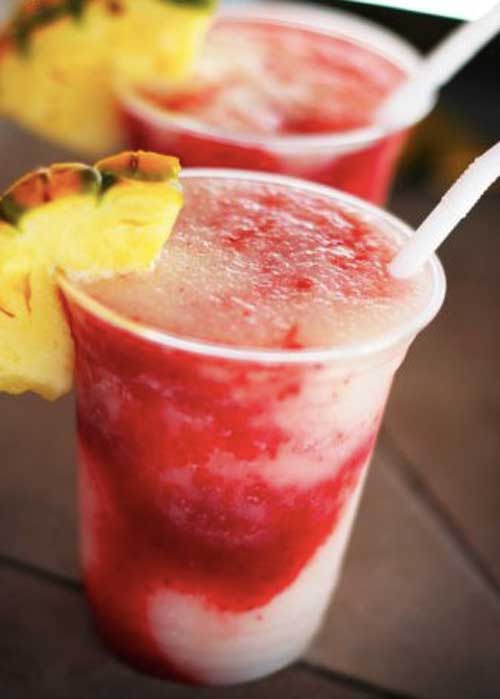 Recipe for Lava Flow Mocktails - These are usually made with alcohol at the fancy-pants hotels, but I don’t drink, so we’re going virgin on this!
