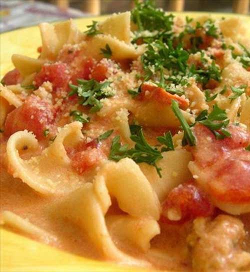 Recipe for Pasta with Sausage Tomatoes and Cream - Delicious and satisfying, it’s a pleaser! Easily doubled.