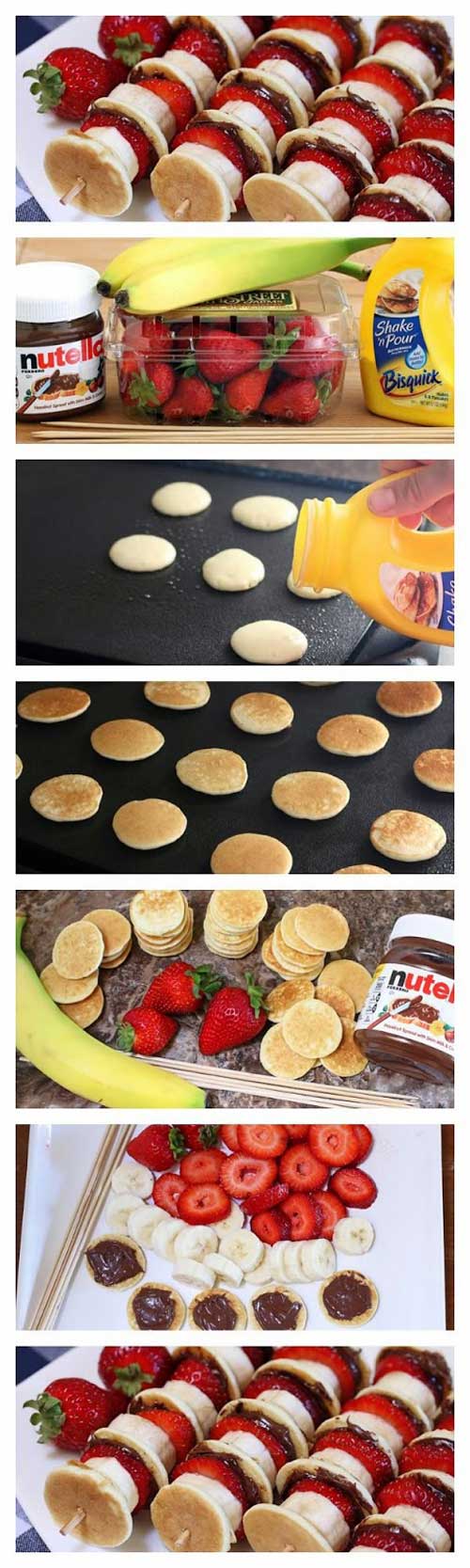 These Nutella Mini Pancake Kabobs are soft and pillowy pancakes slathered with Nutella and layered on skewers with fresh strawberries and banana.