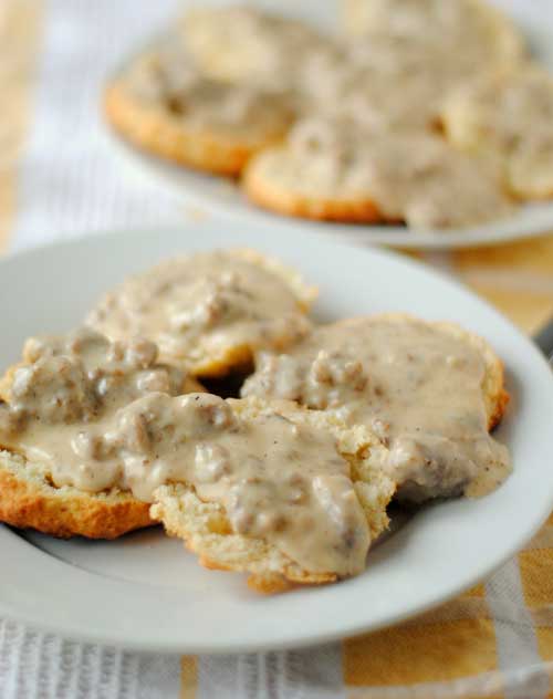 The savory sausage gravy and flaky biscuits I made for this Peppered Sausage Gravy and Biscuits recipe were just glorious. The gravy is spicy and silky and has that meaty, savory heft to it that you want out of such a breakfast.
