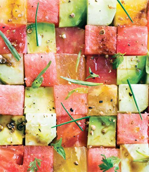 Recipe for Tomato and Watermelon Salad - If the idea of tomatoes and watermelon together sounds odd to you, this dish will be a revelation. There is a saying that what grows together goes together, and in this case it is true.