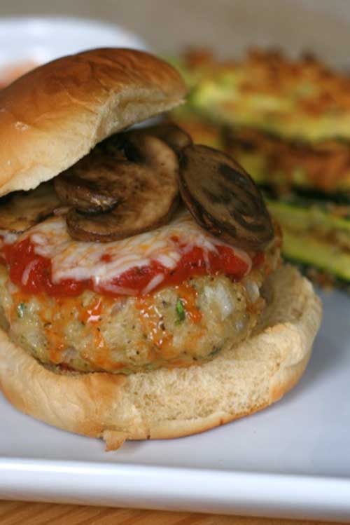 Get out of your burger rut with these ground chicken parmesan burgers. Grill then serve on ciabatta rolls and top with marianara sauce and mozzarella.