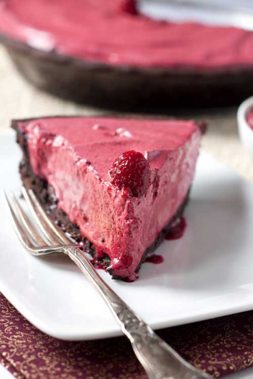 The raspberry meringue in this Frozen Raspberry Pie is a little sweet and a little tart. I bet it would be great with strawberries or cherries or different kinds of cookies in the crust, too.