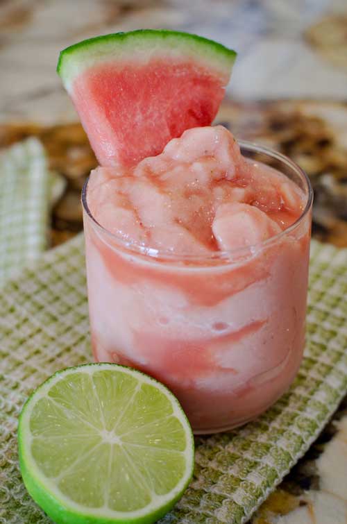 Here is a drink recipe that is colorful, easy, and fun! The secret in this Watermelon Lime Frosty is the frozen banana because it makes the whole drink creamy and thick when added to the juicy watermelon.