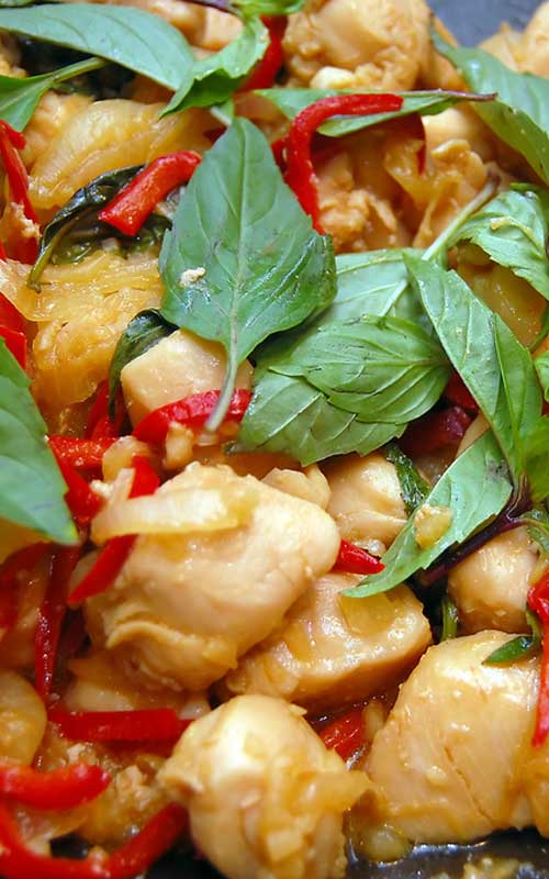 This Thai Basil Chicken is a healthy, Thai-influenced dish that isn’t too spicy and has lots of texture, with the moist chicken and crunchy cashews.
