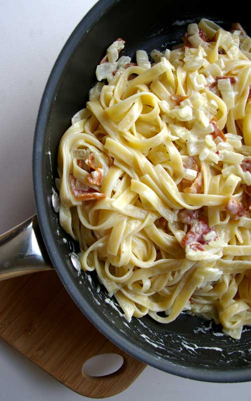 No, this Pasta Carbonara is not going to be low-fat or healthy or in any way, shape or form good for you, unless you have a severe bacon deficiency. (And wouldn’t that be wonderful?)
