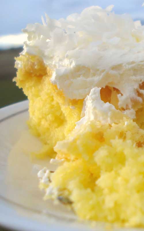All the flavors of this Pineapple Coconut Cake go together deliciously!  The cake is lemon, topped with crushed pineapple, a vanilla cream frosting, and sprinkled on top of that, shredded coconut.  So YUM!