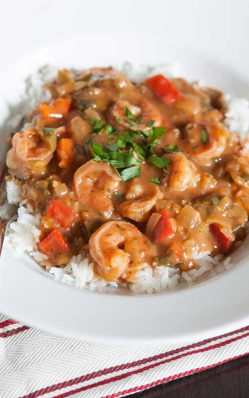 This Shrimp Etouffee is just the kind of warm and comforting dinner that I want when it’s below freezing outside but I can also feel good about eating it since the recipe has been lightened.