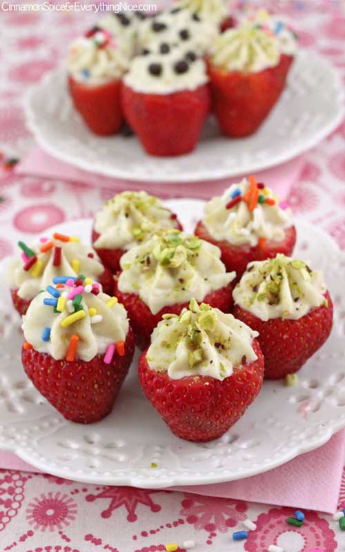 Forget the deep-fried shell and enjoy your cannoli cream in luscious strawberries for a healthier version of this classic treat.