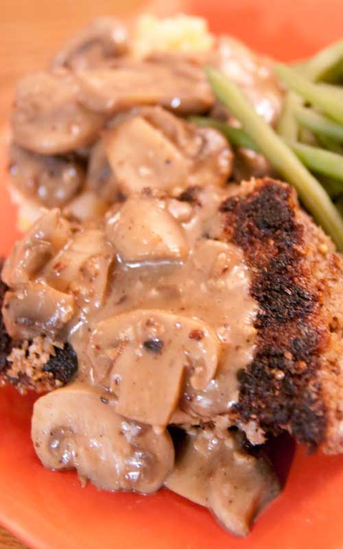 London Broil, pounded and breaded in a flavorful whole grain breading and cooked to a medium-rare. This Country Fried Steak with Mushroom Gravy was delicious, but the mushroom gravy was the best part!