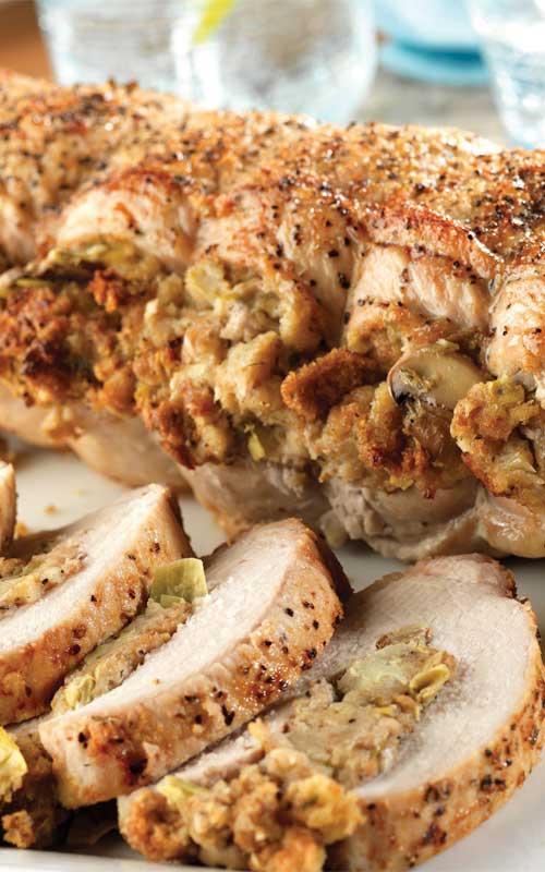 We love this springtime Pork Roast with Herbed Artichoke and Mushroom Stuffing that’s not only elegant but juicy and delicious!