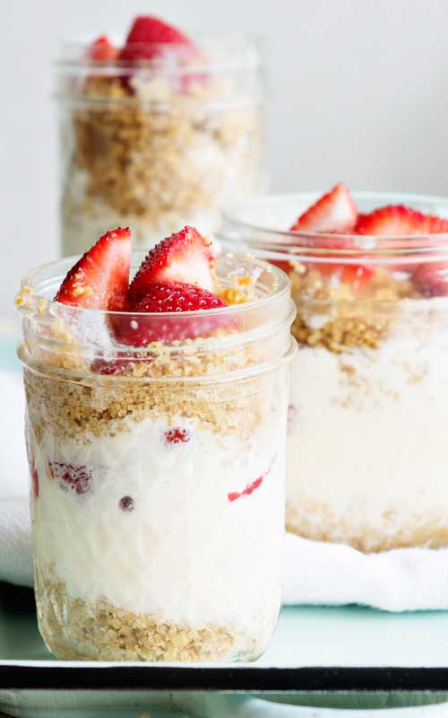 I like to assemble and serve lemonade ice cream in jars, parfait style. Add fresh, juicy strawberries and graham cracker crumble for a fun summer dessert ready for entertaining, or to indulge at home after a day in the sun. Enjoy!