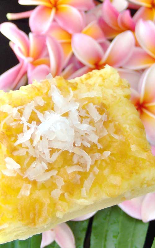Savor a taste of the Hawaiian islands with this scrumptious Coconut Mochi Cake which just happens to be gluten free. It’s a fantastic treat for any tropical themed party!