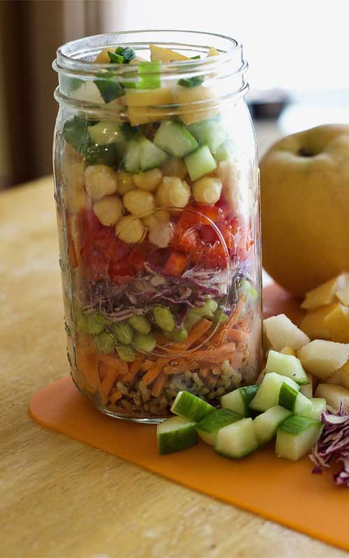 The colorful veggies bring a crunch and miso ginger dressing adds a unique twist to this salad recipe. The mason jar also allows for an appropriate serving size, and makes this Asian Mason Jar Salad a great on-the-go lunch.